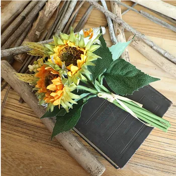 Ръчно изработени слънчоглед букет от зелени листа и трева коприна изкуствени цветя за сватба сватбени ръчни цветя