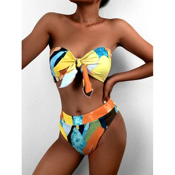 Mossha Бразилски висока талия бикини 2021 Bandow възел бански Colorblock печат бански костюми са Секси жени лицеви бански костюм, Плажно облекло