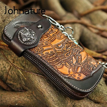 Johnature 2021 New Собственоръчно Retro Genuine Leather Carving Men Long Портфейла Highquality Cowhide Clutch Портфейли Ръчни Портфейла верига