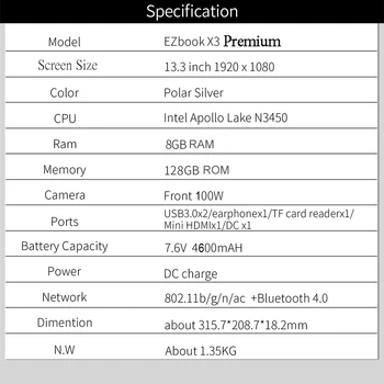 Новият Jumper EZbook X3 Premium Notebook IPS Дисплей 13,3 инча 1080Thin Метален корпус на лаптопа е Intel J3455 8 GB 128 GB Wi-FI Win10