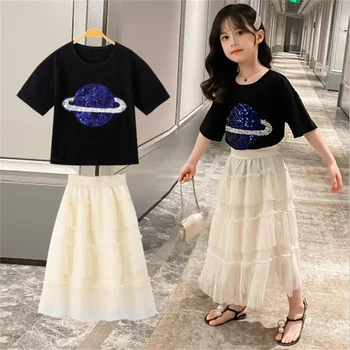 Girls Dress Suit 2021 New Teens Kids Print T-shirt Върховете+Mesh Cake Skirt Outfits for Children ' s Clothes Set 3-12Y