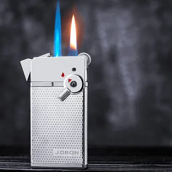 Jobon Two Flames( Ветрозащитное Синьо Jet Пламък + Червен Пламък) Запалка Метална Газова Надуваема Опесъчаване Машина Запалка За Пушачи Подарък кутия