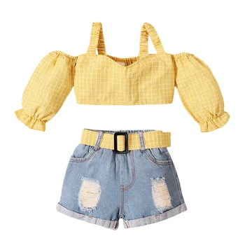 2021-03-22 Lioraitiin 2 бр. 1-5Y Toddler Girls Fashion Clothes Off-the-Shoulder Plaid Print T-Тениски Потници+Деним колан Шорти Панталони