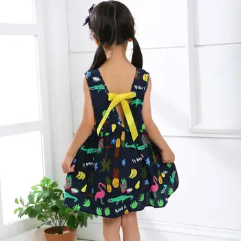 2021 New Children A-Line Mini Girl Dress Sleeveless Без Гръб Color Crocodile Bow Princess Dress Summer Beach Party Clothing