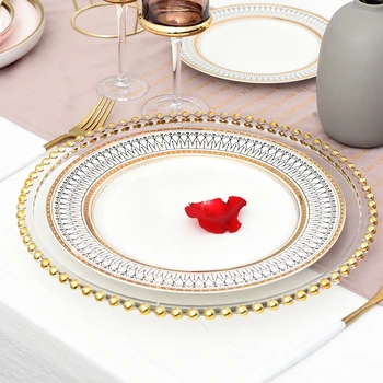 Nordic Gold Glass Bead Charger Dinner Plated Dish Декоративна Салата Плодови Сватбена табела Кът чинии и чаши десерт плоча