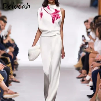 Delocah New 2021 Women Summer Fashion Runway Pants Set Цветни печатни Върховете + Висока талия Широки и Дълги Панталони 2 Костюм от две Части