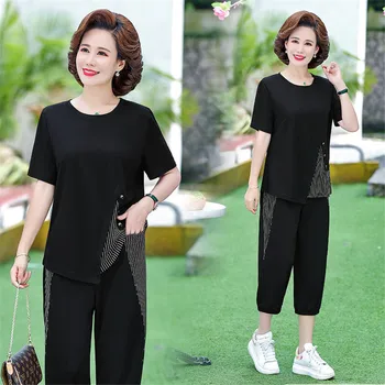 2021 New Summer Middle Aged Women Fashion Solid Tracksuit Slim Mother Two Piece Short Sleeve Suite Plus Size 4XL Pants Set