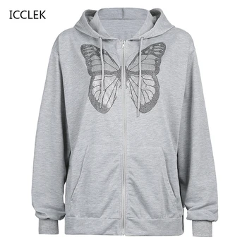 Kawaii Butterfly Graphic Cotton Black Y2K Oversize Hoodies Women 2021 Zip Up Long Sleeve Sweatshirts Градинска облекло Сив топ Есен