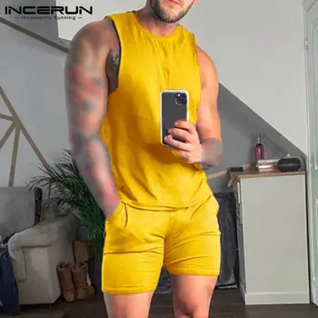 INCERUN Men Sets Solid Color Bodybuilding O Neck Sleeveless Tank Tops & Shorts Streetwear Workout 2021 Casual Men Summer Костюми