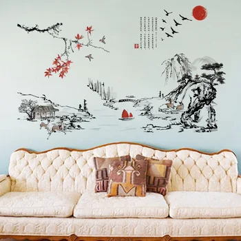 Китайски Пейзаж Живопис Стикери за Стена за Хол, Спалня Декорация на Дома Изкуството на Стикери За Стена Стенописи