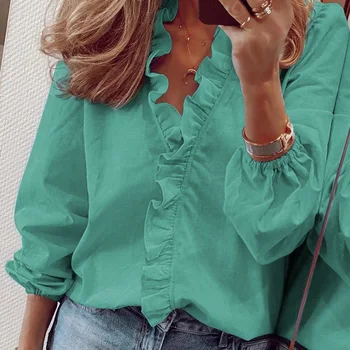 Плътен Цвят С Дълъг Ръкав V-образно Деколте на Дървесина Риза Жените Свободни макси Блузи И Блузи Лято Ежедневни Офис дама Блуза