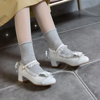 Дамски момичета Лолита през Цялата Чорап Лък Дантела Тока Oxfords Мери Джейн Kawai Cosplay Обувки На Нисък Ток 4 Цвята