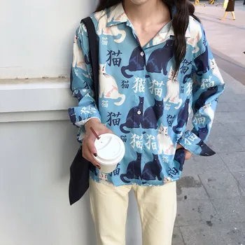 Liva Момиче Vintage Картун Котка Printed Блуза с Дълъг Ръкав Отличителни Ризи Женски Свободни Однобортные Елегантни Блузи