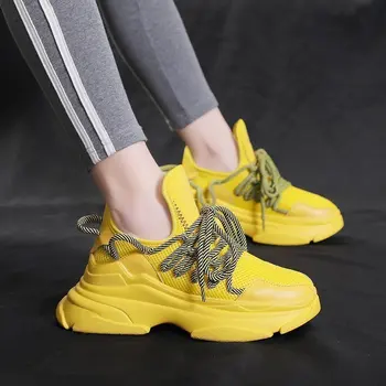Бели Набит Маратонки Дишаща Мода Размер на 40 Дамски обувки Маратонки Жълти дамски Маратонки За Ходене Тенис Masculino Есен 2020