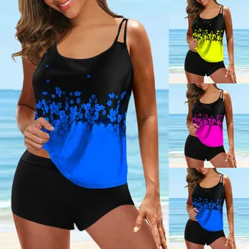 Жена Танкини Голям Дигитален Принт Spring Beach Resort Split Swimsuit Set Бански Summer Biquini Suspender Beach Swimsuit
