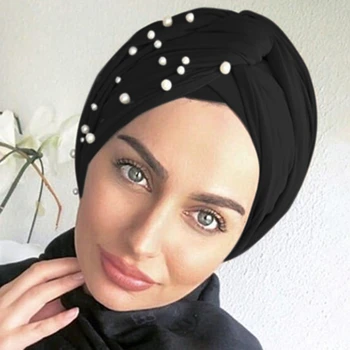 2021 Пролет Есен Дамски Шал Елегантни Дами Шапка Шапка Мюсюлманските Жени Тюрбан Вътрешен Hijabs Мода Мъниста Декориране На Шапка Е Един Размер