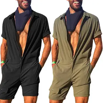 Мъжки Гащеризон Мода Плътен Цвят Гащеризон С Къс Ръкав Джобове С Цип Плъзгачи Общи Работно Облекло 2021 Ежедневни Playsuit Мъжете Streetwea