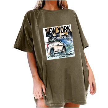 New York Times Square Print Women T Shirt Casual Drop Shoulder Summer Top Tee Shirt Femme през Цялата силует Дълга Свободна дамски дрехи