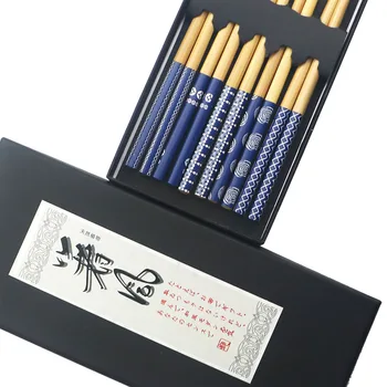 JANKNG за Многократна употреба 5 Чифта Пръчици за хранене от Дърво Японски Суши Hashi Пръчици за хранене Ръчно изработени от Бамбук Син Червен 23,5 см Пръчици за хранене