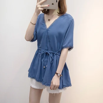 Плюс Размер на Женската Риза 2021 Лятна Мода Сладък V-образно Деколте С Къс Ръкав Подгъва на Полата Блуза Выдалбливают Кръста Кантиране на Корейската Туника
