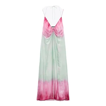 Za Women 2021 Chic Fashion Tie-dye Print Front Цепка Midi Vintage Dress без гръб Thin Straps Дамски рокли Vestidos Mujer