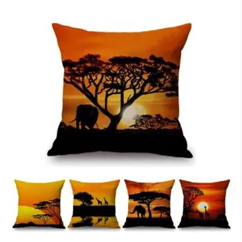 Залез Африка Пейзаж На Диви Животни, Слон, Жираф Живописна Къща Изкуството На Декоративни Хвърли Калъфка За Възглавница Памук Бельо Седалките
