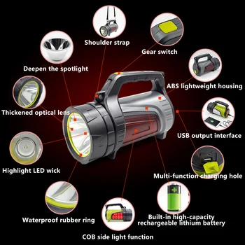 Най-мощната Акумулаторна батерия прожектор LED Flashlight Handle Spot light Ultra-long Standby Факел, with USB OUTPUT Power Reserve