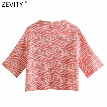 Zevity New Women Animal Шарени Print Short Jacquard Shirt Office Lady Pocket Breasted Blouse Chic Summer Retro Crop Върховете LS9308