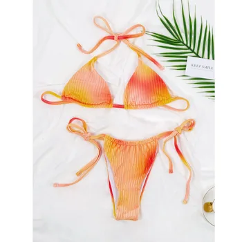 Sunshliki Summer Yellow Gradient Two Pieces Swimsuit Bikini Set Women Секси Ленти Bathing Бикини 2021 Mujer Beach Swimsuit Set
