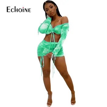 Echoine Summer tie-dye Print Women Секси Two Pieces Sets Dresses V-образно деколте и Изрязване на Върховете + мини поли, Костюми Night Club Party Спортни костюми