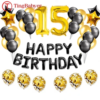 37шт Черното Злато Номер 15 Фолио Латексови Балони 15th Happy Birthday Парти Декорации Децата Момче Момиче на Петнайсет Години за Доставки