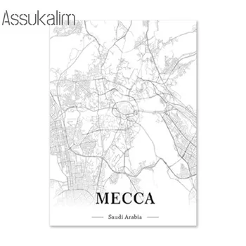 Черно-бялото Платно Paintng City Map Wall Art Print Mecca Map Арт Плакат Скандинавските Стенни Картини За Декорация на Всекидневна