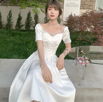 A-Line Vintage Tea Length Wedding Dress 2021 Корейски Мек Сатен Сладко С Къси Ръкави Сватбени Рокли vestidos de mairee Wedding