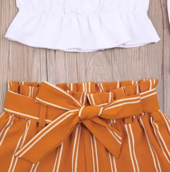 Комплект дрехи за момичета С Дълъг Ръкав с открити рамене Потници и къси панталони в ивицата от две части, Костюм Детски Дрехи за Рожден Ден