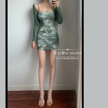 WOMENGAGA Секси Korean Зелена Вратовръзка Боядисват Lady Равенство Bandage Tshirt + Skinny Tank Mini Party Dress Дамски рокли Лято Реколта OPDF