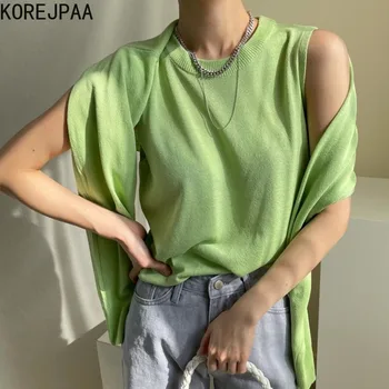 Korejpaa Women Sets 2021 Summer Korean All-Match Round Neck Pullover Casual Губим Vest Simple Външна Shawl Sweater Two-Piece Suit