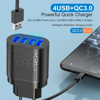 USB Зарядно Устройство за 3A Quik Charge 3.0 Зарядно Устройство за мобилен телефон iPhone 12 Portable 4 Port 48W Fast Wall Chargers for Samsung EU/US Plug