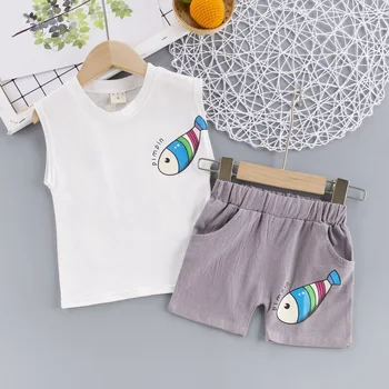 2021 Baby Boy Clothes Set Модни Дрехи 2 Броя Комплекти Карикатура на Животните Риба Блузи Без Ръкави+къси Панталони за Детски Дрехи Лято 0-3Y