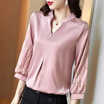 2021 пролетта и лятото на нов плюс размера на Свободни блузи, Риза Жените V Образно деколте и 3/4 ръкав Блуза Цветна бродерия модни Върхове