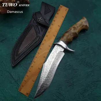 TUWO Ловен нож Дамаск самозащита открит нож с висока твърдост преносими къмпинг нож за оцеляване с нож комплект