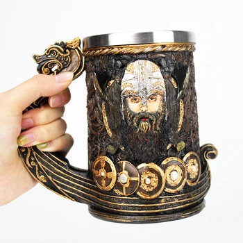 Drakkar Viking Tankard Mug 304 Неръждаема Стомана Поставяне на Смола Nordic Бог Один Кафе Бирени Чаши Чаша Хелоуин Подарък За Рожден Ден 600 мл