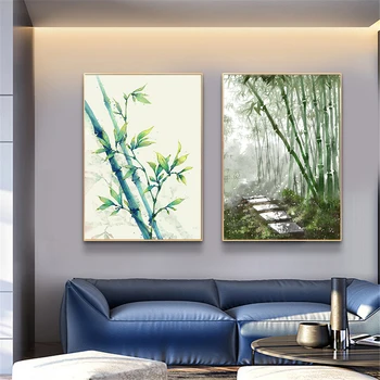 Стенно Изкуство Китайски Бамбук Плакат Акварел Зелено Растение Платно Художествена Печат Стенни Картина За Хола Украса На Дома