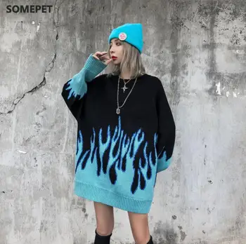 Корейски свободен вязаный пламъка на мъжете и жените хип-хоп градинска облекло о-образно деколте пуловер пуловер