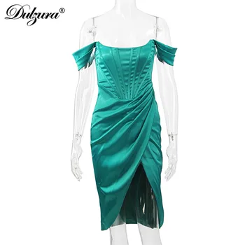 Dulzura 2021 Women Summer Pure Satin Corset Midi Dress Off Shoulder High Цепка Ruched Bodycon Секси Elegant Party Solid Clothes