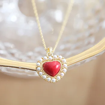 Luomansi Real Сърце Shape Pearl Ruby Обеци, Колие Ретро Комплект Бижута S925 Сребро 18K Злато Жената Подарък