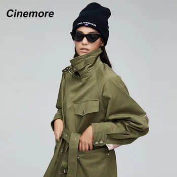 CINEMORE 2021 Есента Тренчкот Жени Зеленият Цвят е на Мода Памук Двубортная Къси Връхни Дрехи-Високо Качество на 9017