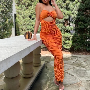 Orange Fashion Lady Midi Clubwear 2021 Women Summer Секси Покриване На Партия Без Гръб Dress Spaghetty Strap Bodycon Морщинистое Рокля G2761