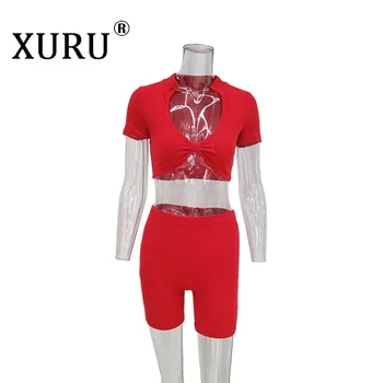 XURU Summer New Sexy High waist Анцуг от две части за Европейски и американски V-образно деколте Къс Гащеризон