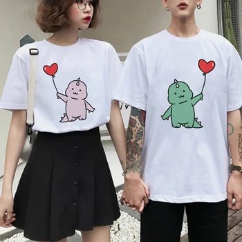 Kawaii Динозавър Couple Funny Cartoon T-Shirt Women Harajuku Сладурско Аниме Tshirt Graphic Korean T Shirt Streetwear Top Tees Female