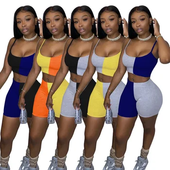 Adogirl Women Two Piece Sets Fashion Patchwork Sleeveless Crop Top And Shorts Suit Summer Tracksuit Matching Set Outfit 2021